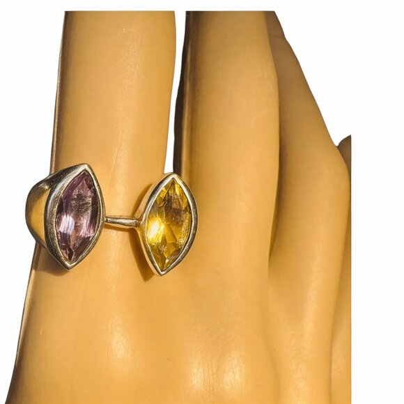 Citrine & Amethyst Gemstones 925 Silver Vintage Bypass Ring Size 7.75 - Picture 1 of 11